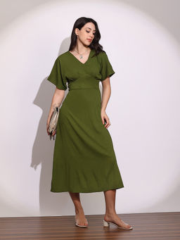 Globus - Women Green V-neck Extended Sleeves Midi A-line Dress