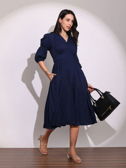 Globus - Women Blue V-neck Fit and Flare Midi Dress