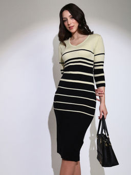 Globus - Women Black V-neck Acrylic Midi Bodycon Dress