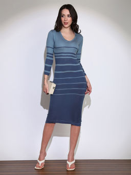 Globus - Women Blue V-neck Acrylic Midi Bodycon Dress