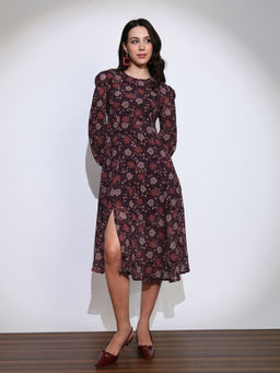 Globus - Women Brown Floral Side Slits Fit and Flared Midi Dress