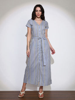 Globus - Women Blue Striped A-line Midi Shirt Style Dress with Belt