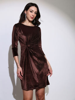 Globus - Women Brown Boat Neck Twisted Detail Velvet Sheath Mini Party Dress
