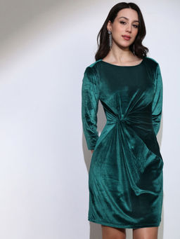 Globus - Women Teal Boat Neck Twisted Detail Velvet Sheath Mini Party Dress