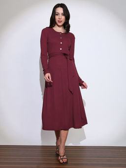 Globus - Women Maroon Long Sleeves Fit and Flared Ribbed Midi Dress with Belt