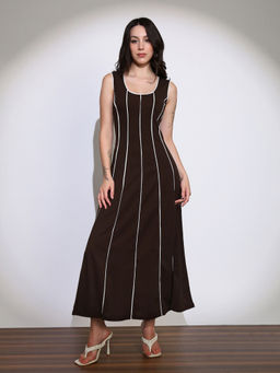 Globus - Women Brown Scoop Neck Stripes Design Flared Hem A-line Maxi Dress