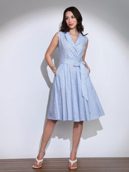 Globus - Women Black Stripes Notch Lapel Work Wear Knee Length Dress with Belt