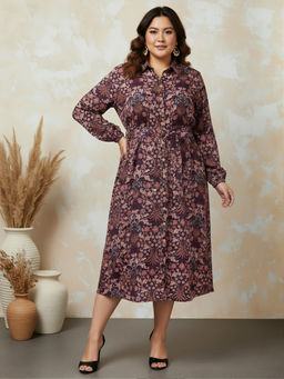 Globus - Women Brown Style Plus Size Midi Shirt Dress
