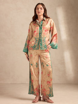 Outzidr - Peach Relax Fit Printed Satin Co-Ord Set