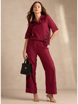 Outzidr - Red Relaxed Fit Embroidered Co-Ord Set