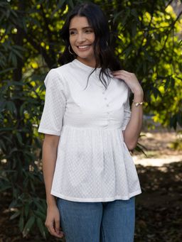 Pink Fort - Cotton Mandarin Neck Top - White