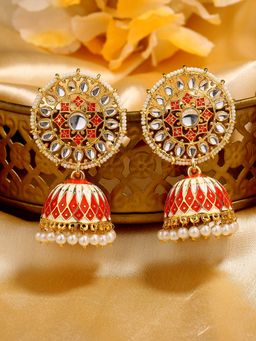 Estele - Gold Plated Red Meenakari Traditional Kundan Jhumki Earrings for Women