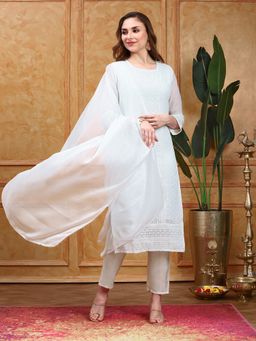 ISHIN - Women's White Kurta & Pant with Dupatta (Set of 3)