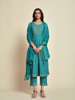 ISHIN - Women's Ethnic Turquoise & White Viscose Rayon Kurta & Pant with Dupatta (Set of 3)