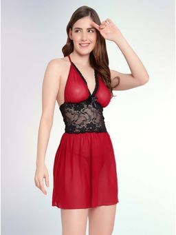 Boldwink - Women Maroon Self Design Honeymoon Babydoll with Thong