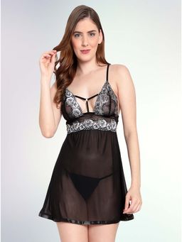 Boldwink - Women Black Self Design Honeymoon Babydoll with Thong