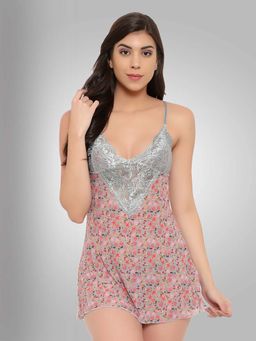 Boldwink - Women Grey Floral Printed Babydoll with Thong