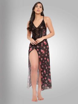 Boldwink - Women Black Floral Printed Babydoll with Thong