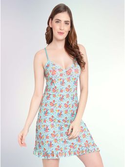 Boldwink - Women Blue Floral Printed Honeymoon Babydoll with Thong