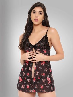 Boldwink - Women Black Floral Printed Babydoll with Thong