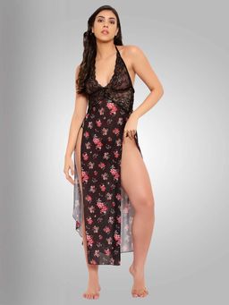 Boldwink - Women Black Floral Printed Babydoll with Thong