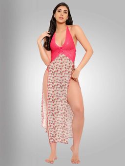 Boldwink - Women Pink Floral Printed Babydoll with Thong