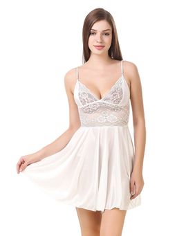 Boldwink - Women White Self Design Honeymoon Babydoll with Thong