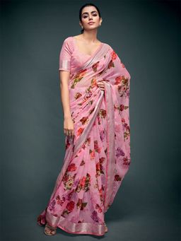 Odette - Womens Georgette Pink Printed Saree with Unstitched Blouse