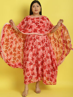 theRebelinme - Plus Size Womens Peach floral print Maxi Dress (Set of 2)