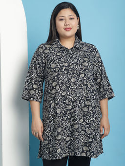 theRebelinme - Plus Size Womens Black floral batik printed shirt collar top