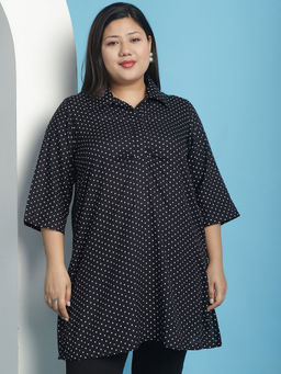 theRebelinme - Plus Size Womens Black polka dot printed shirt collar top