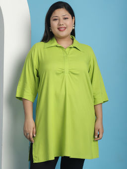 theRebelinme - Plus Size Womens Green Solid Color shirt collar top