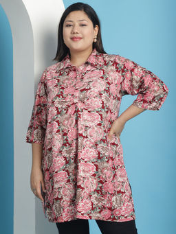 theRebelinme - Plus Size Womens Maroon Rose floral printed shirt collar top
