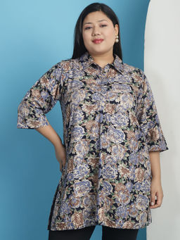 theRebelinme - Plus Size Womens Navy Rose floral printed shirt collar top