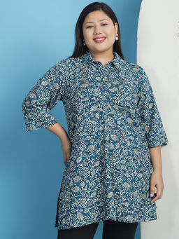 theRebelinme - Plus Size Womens Teal floral batik printed shirt collar top