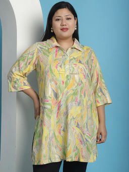 theRebelinme - Plus Size Womens Yellow Gold Foil printed shirt collar top