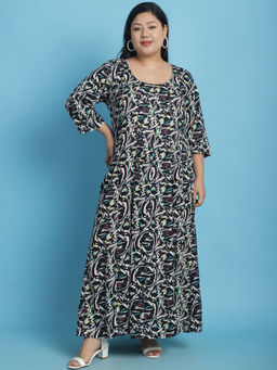theRebelinme - Plus Size Womens Black abstract printed A-Line Maxi dress