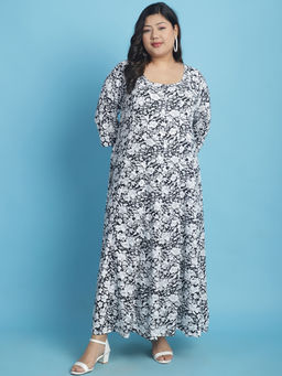 theRebelinme - Plus Size Womens Black White floral printed A-Line Maxi dress
