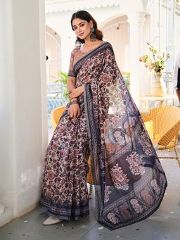 Tikhi Imli - Beige Printed Pre-Draped Saree with Unstitched Blouse with Unstitched