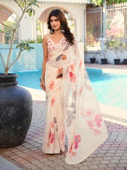 Tikhi Imli - White Floral Pre-Draped Saree with Unstitched Blouse with Unstitched