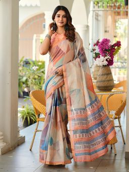 Tikhi Imli - Beige Printed Pre-Draped Saree with Unstitched Blouse with Unstitched