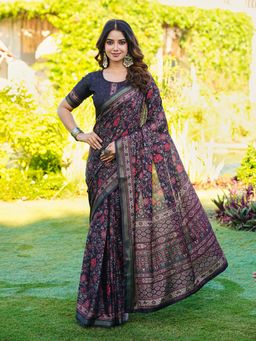 Tikhi Imli - Black Printed Pre-Draped Saree with Unstitched Blouse with Unstitched