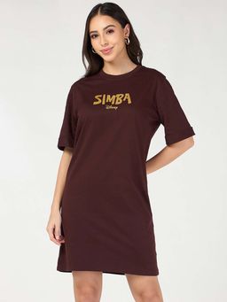 Bewakoof - Disney Women's Brown Simba Graphic Printed Oversized T-Shirt Dress