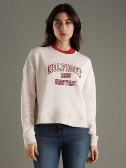 Tommy Hilfiger - Women Off White Regular Fit Cotton Crew Neck Sweatshirt