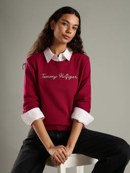 Tommy Hilfiger - Women Maroon Regular Fit Cotton Crew Neck Sweatshirt