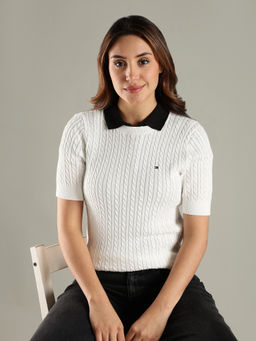 Tommy Hilfiger - Women White Regular Fit Cotton Crew Neck Sweater