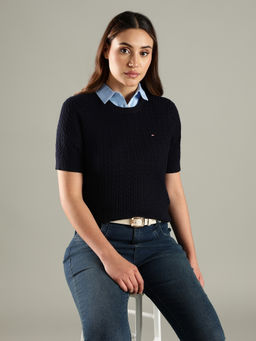 Tommy Hilfiger - Women Navy Blue Regular Fit Cotton Crew Neck Sweater