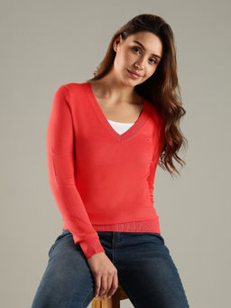 Tommy Hilfiger - Women Coral Regular Fit Viscose V-Neck Sweater
