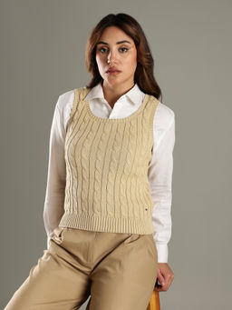Tommy Hilfiger - Women Beige Regular Fit Cotton Scoop Neck Sweater