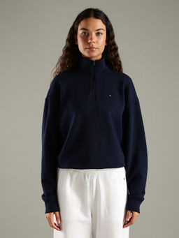 Tommy Hilfiger - Women Navy Blue Regular Fit Cotton Half-Zip Sweatshirt